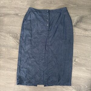Via Seta Blue Straight Skirt Size 6/36 Linen Silk blend snap closure back slit